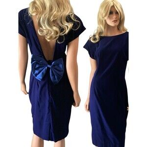 Ann Taylor Dress Vintage 80s Backless Plunge Blue Velvet Sheath Bow Made USA 8